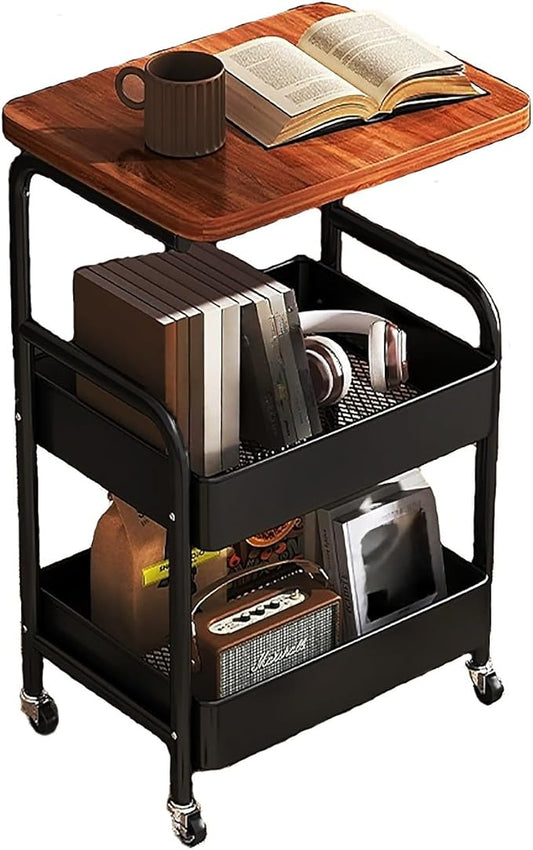 3Tier Rolling Cart - Metal Utility Cart with Wheels, Heavy Duty Mesh Rolling Storage Cart Organizer for Kitchen Office Bedroom Living Room Slide Table (Black)