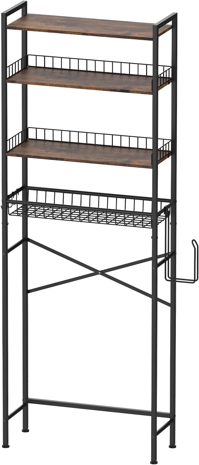 CooFel Over The Toilet Storage Rack, 4-Tier Bathroom Organizer Shelf with Paper Holder & 4 Hooks, Adjustable Metal Shelves Over Toilet for Small Spaces, Brown