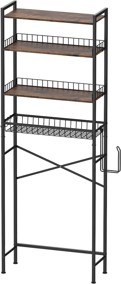 CooFel Over The Toilet Storage Rack, 4-Tier Bathroom Organizer Shelf with Paper Holder & 4 Hooks, Adjustable Metal Shelves Over Toilet for Small Spaces, Brown