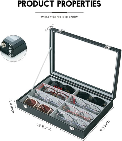 XHMQYC Glasses Holder Box Drawer Sunglass Organizer for Men Clear Wide Storage Case 8 Slots Multiple Reading Glasses Display, Black Leather With Clear Glass Lid