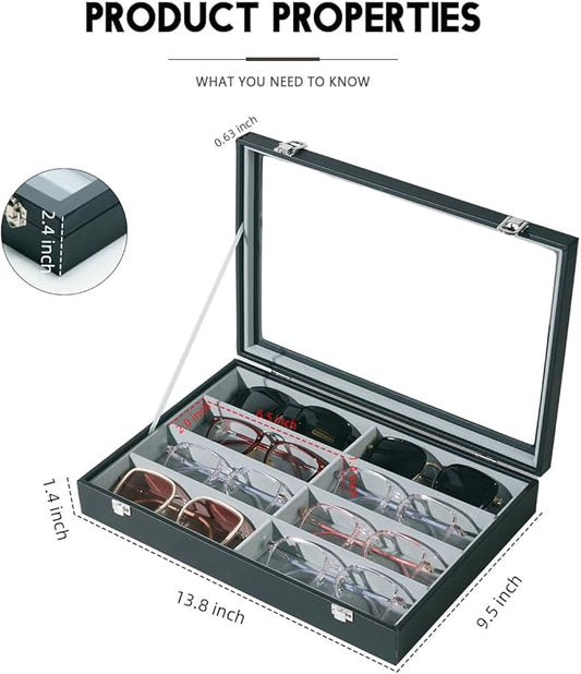 XHMQYC Glasses Holder Box Drawer Sunglass Organizer for Men Clear Wide Storage Case 8 Slots Multiple Reading Glasses Display, Black Leather With Clear Glass Lid