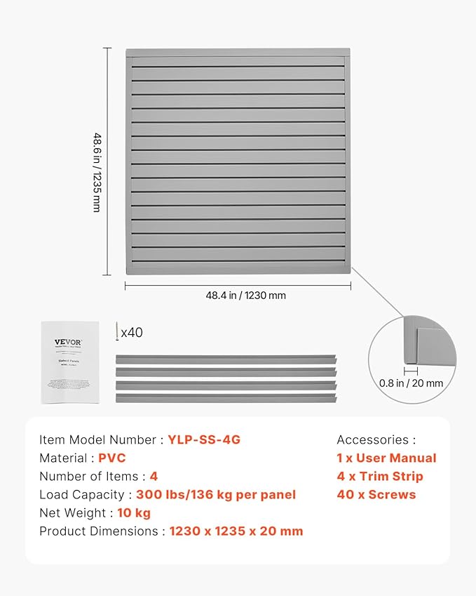 VEVOR Slat Wall Paneling, 4 x 4 ft, PVC Garage Slatwall with Modular Design, Grey Slat Wall Easy-to-Install Adjustable Slatwall Panel with Coupling Structure & DIY Cutting, Fits for Storage & Display