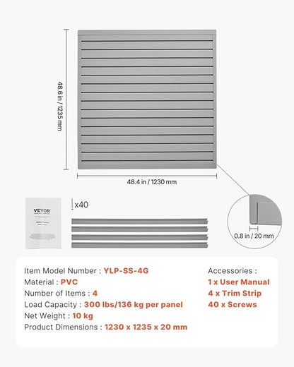 VEVOR Slat Wall Paneling, 4 x 4 ft, PVC Garage Slatwall with Modular Design, Grey Slat Wall Easy-to-Install Adjustable Slatwall Panel with Coupling Structure & DIY Cutting, Fits for Storage & Display