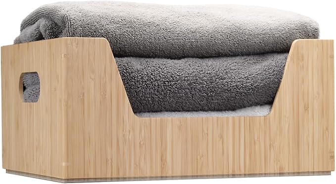 Bamboo Storage Box with Open Front Stackable Bin Organizer to use in kitchen pantries, cabinets and countertops, 14 x 11 x 6.5 inches