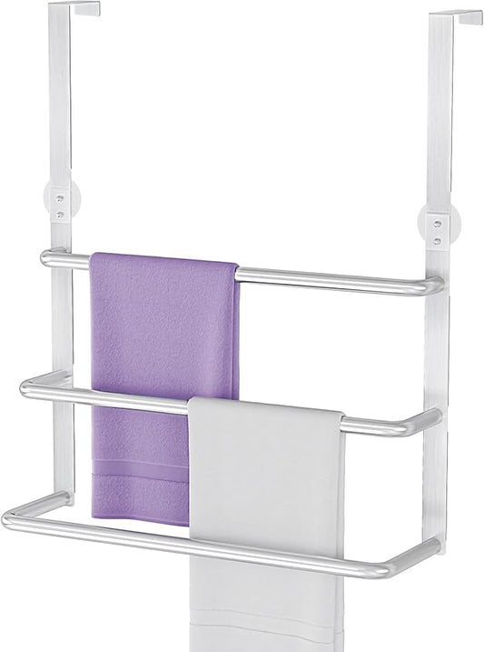 Over The Door Towel Rack, 304 Stainless Steel Towel Rack, 3 Tier Towel Bar for Hanging Towels, 16 Inch Over Door Towel Storage Holder for Bathroom, Brushed Silver