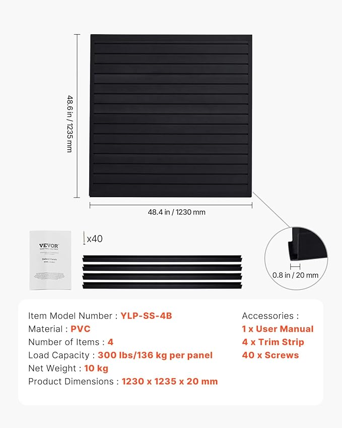 VEVOR Slat Wall Paneling, 4 x 4 ft, PVC Garage Slatwall with Modular Design, Black Slat Wall Easy-to-Install Adjustable Slatwall Panel with Coupling Structure & DIY Cutting, Fits for Storage & Display