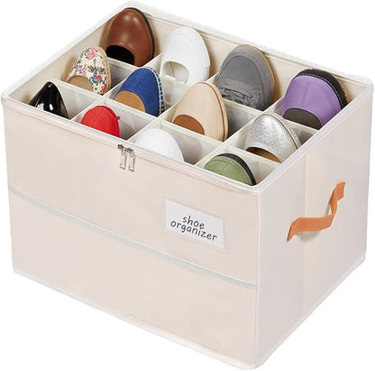 Chewlish Shoe Organizer for Closet, Foldable Shoe Box Storage Containers with Clear Cover, Smooth Zipper, Reinforced Handles and Bottom Support, Space Saving Shoes Holder, Beige (1, Small)