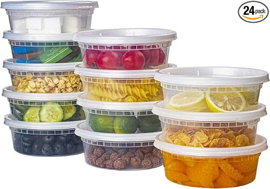 RiverBlue TSHomeGoods Deli Food Storage Containers With Lids 8 oz. /Freezer Safe/Microwaveable/Meal Prep/Airtight Lids/Take Out/Disposable/Leak Proof/Buffets/Stackable (24 PACK) Extra Hard Plastic.
