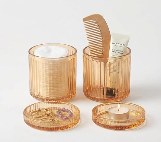 SheeChung 4-Pack Amber Glass Apothecary Jars - Vintage Sunburst Bathroom Organizer Set - Qtip Holder Dispenser, Cotton Swab Ball Pad Storage - Luxury Farmhouse Vanity Canisters