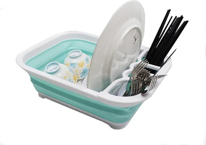 SAMMART Collapsible Plastic Dish Drainer - Foldable Drying Rack Set - Portable Dinnerware Organizer - Space Saving (1, White/Lake Green (w/o Base Board))