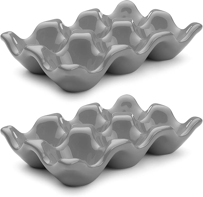 Flexzion Porcelain Egg Crate - 6-Egg Capacity Ceramic Egg Tray, Half Dozen Egg Holder for Fridge, Countertop Display - Gray Decorative Serving Dish and Storage Organizer, 2 Pack