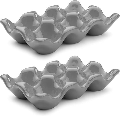 Flexzion Porcelain Egg Crate - 6-Egg Capacity Ceramic Egg Tray, Half Dozen Egg Holder for Fridge, Countertop Display - Gray Decorative Serving Dish and Storage Organizer, 2 Pack