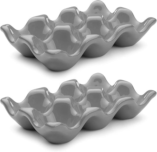 Flexzion Porcelain Egg Crate - 6-Egg Capacity Ceramic Egg Tray, Half Dozen Egg Holder for Fridge, Countertop Display - Gray Decorative Serving Dish and Storage Organizer, 2 Pack