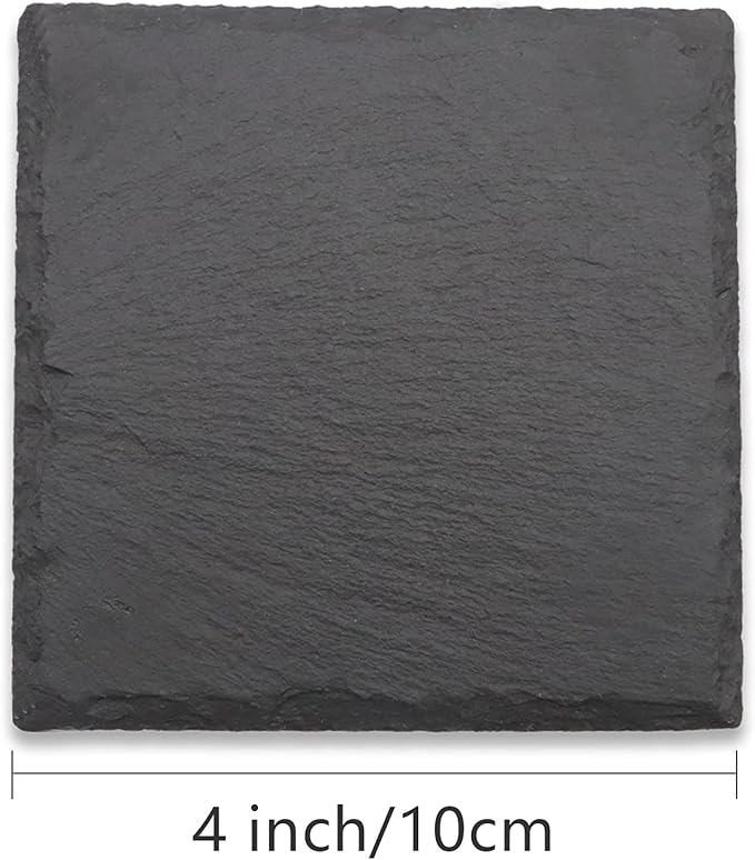 8 PCS Square Slate Drink Coasters Set, SIJDIEE 4 Inch Laser Engraving Black Slate Stone Coasters with Anti-Scratch Bottom and Coaster Holder for Office Bar Kitchen Home Dinner Table Decor Supplies