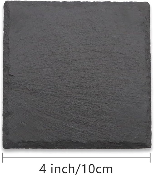 8 PCS Square Slate Drink Coasters Set, SIJDIEE 4 Inch Laser Engraving Black Slate Stone Coasters with Anti-Scratch Bottom and Coaster Holder for Office Bar Kitchen Home Dinner Table Decor Supplies