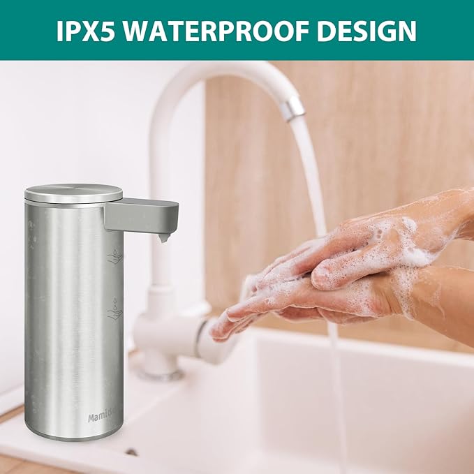 Mamiddle Automatic Soap Dispenser Stainless Steel with Sensor Infrared Soap Dispenser Electric IPX5 Waterproof USB-C Charging Motion Sensor for Kitchen & Bathroom (Silver)