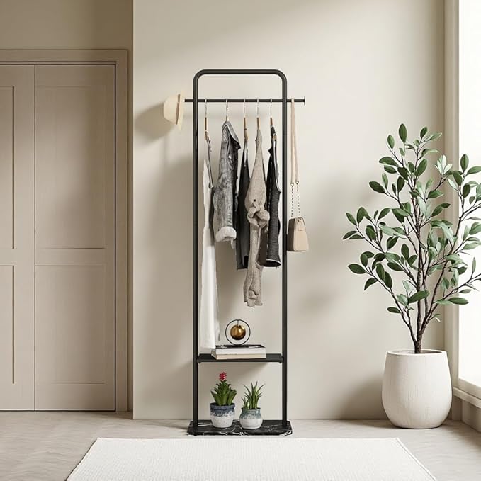 Black Clothing Rack, Free Standing Coat Hanger Stand with Stable Marble Base, Metal Coat Rack for Outerwear, Handbags, Entryways and Halls (Black, 19.7")