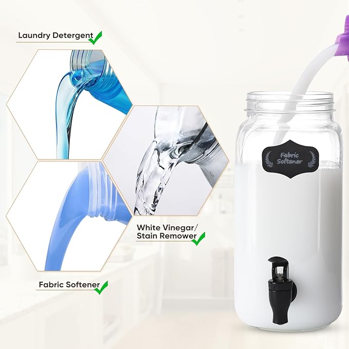 Liquid Laundry Detergent Dispenser, Three 2.2L Laundry Detergent Dispenser Glass Jar for Liquid Detergent, Fabric Softener- Laundry Soap Dispenser for Laundry Room Organization