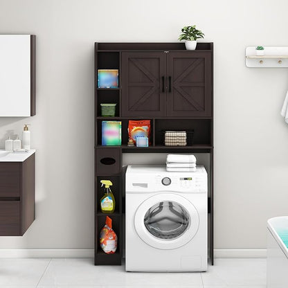 Vabches Over The Toilet Storage Cabinet, Farmhouse Storage Cabinet Over Toilet with 2 Barn Door & Toilet Paper Holder Stand，Home Space-Saving Toilet Rack, for Bathroom, Restroom, Laundry