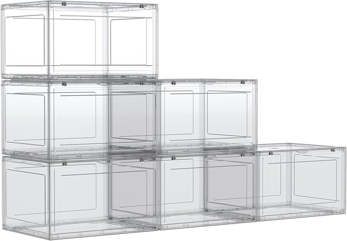 Tyminin 6 Pack Plastic Stackable Shoe Box, Shoe Storage Organizer with Magnetic Door, Sneakers Boxes Containers, Clear