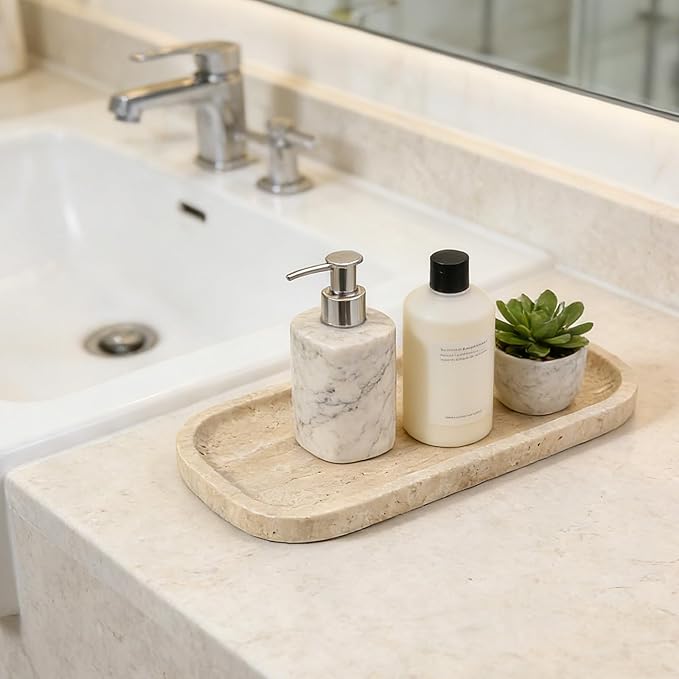 Koville Travertine Tray, 10"x5" Marble Vanity Tray for Bathroom Countertop Kitchen Sink, Rectangular Stone Tray for Perfume Fragrance, Decorative Catchall Tray Jewelry Cosmetics Organizer(Beige)