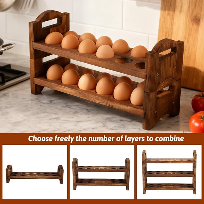 Wooden Egg Holder Countertop, ‌3-Tier Wooden Egg Holder & Storage, 36-Hole Stackable Rack for Fresh Eggs, Easter Eggs, Home Kitchen Organizer