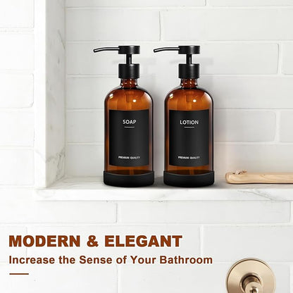 RYTOXILO Amber Glass Soap Dispenser 4 Pack, Hand Soap Dispenser Bathroom with Stainless Steel Pump, 16.9 Fl oz Hand and Dish Soap Dispensers Set Kitchen, Modern Brown Soap Lotion Dispensers Bottle