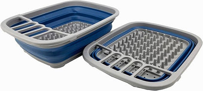 SAMMART 8 litres (2.11Gallons) Collapsible Plastic Dish Drainer - Foldable Drying Rack - Portable Dinnerware Organizer - Space Saving Kitchen Storage Tray (Grey/Mist Blue (Set of 2))