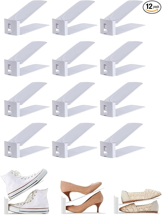 Pack of 12 Slot Organizer Storage - Adjustable 3-Level Height Shoe Organiser With Non-Slip Space Saver Holder for All Styles - Stacker Rack Suitable for Women and Men (White)