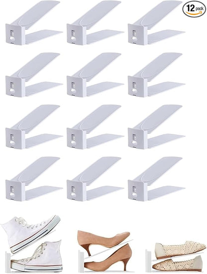 Pack of 12 Slot Organizer Storage - Adjustable 3-Level Height Shoe Organiser With Non-Slip Space Saver Holder for All Styles - Stacker Rack Suitable for Women and Men (White)