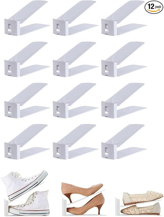 Pack of 12 Slot Organizer Storage - Adjustable 3-Level Height Shoe Organiser With Non-Slip Space Saver Holder for All Styles - Stacker Rack Suitable for Women and Men (White)