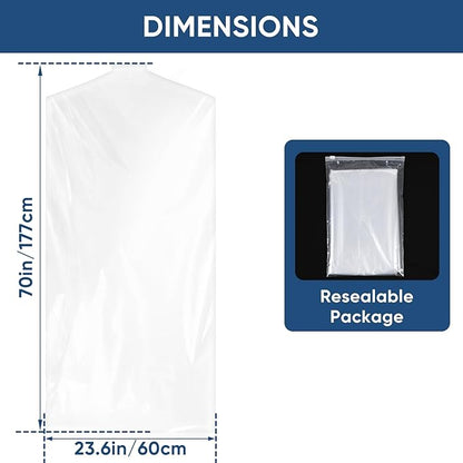 100 Pack 23.6"x70" Garment Bags for Hanging Clothes, Thick Clear Plastic Dry Cleaning Covers for Closet Storage & Travel
