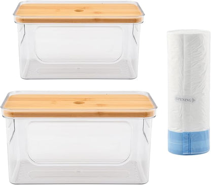 Trash Bag Dispenser Holder -Plastic Garbage Bag Pantry Organizer, Clear Large Laundry Pods Container with Lid, Stackable Under Sink Kitchen Laundry Room Organization and Storage