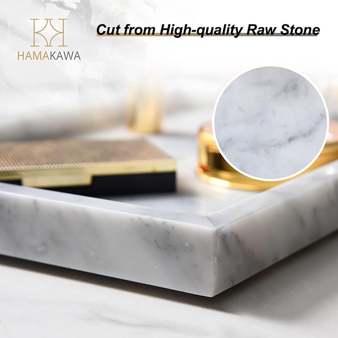 Large Bathroom Vanity Tray, Real Natural Marble Sink Tray 12 inch, Carrara White Stone Toilet Tank Trays, Modern Dresser Trays, Countertop Organizer for Kitchen Counter, Soap Dispenser
