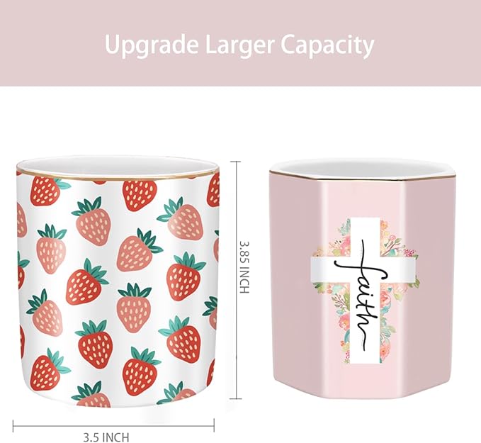WAVEYU Pencil Holder for Desk, Ceramic Pencil Pens Cup Cute Makeup Brush Holder, Unique Desk Multifunctional Pen Organizer for Home, Office, Strawberries Pattern