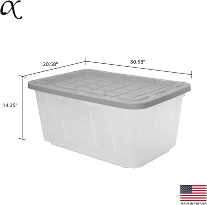 CX BLACK & YELLOW 27-Gallon Heavy Duty Clear Storage Bins with Lids, Stackable Plastic Storage Bins with Weather-Resistant Design, Home Organization, Clear & Grey, 4 Pack (14.3H x 20.6W x 30.6D)