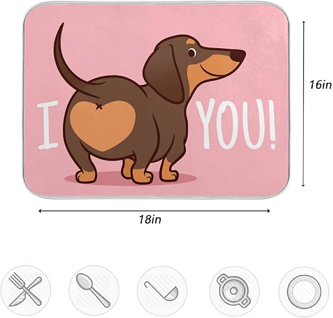 ZzWwR Cute Dachshund Funny Heart Absorbent Dish Drying Mat Microfiber Kitchen Countertop Table Protector Multipurpose Counter Rack Sink Drainer Pad (16” x 18”)