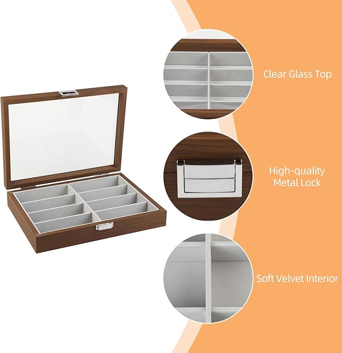 BAOJULONG Wooden Sunglasses Organizer Box, Eyewear Display Eyeglass Case, Glasses Storage Box Sunglass Holder Gifts