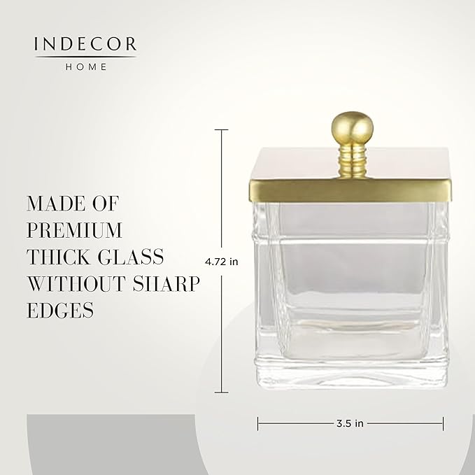 Indecor Home Clear Transparent Hotel Style Apothecary Tempered Glass Canister Jar W/ Gold Metal Lid Cover, Classic Countertop Organizer for Cotton balls/pads, Floss Picks, Makeup Storage