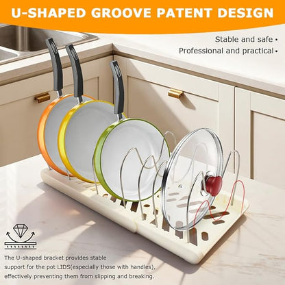DiQiRenQin Pot and Pan Organizer, Expandable Pan Organizer for Cabinet, Pot Lid Holder with 10 Adjustable Compartments for Kitchen Cabinet Cookware Baking Frying Rack(White)
