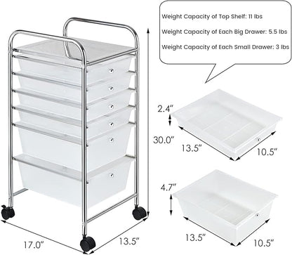 Happygrill 6-Drawer Organizer Cart Tools, Mobile Utility Storage Cart with Removable Drawers & Lockable Wheels, Rolling Storage Cart with Wheels for Home Office,Clear