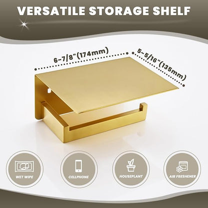 Toilet Paper Holder with Shelf, Suyar 304 Stainless Steel Wall Mount Toilet Paper Roll Holder with Phone Shelf, Brushed Gold