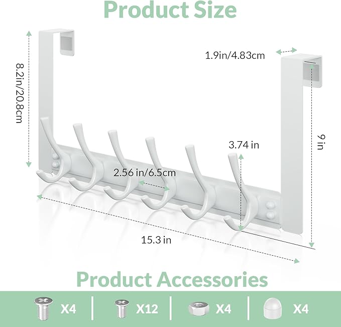 WLCSNG Over The Door Hooks with 6 Hooks for Hanging-Space-Saving,Over The Door Hanger,Over The Door Towel Rack,Towel Hanger for Bathroom,Guaranteed Quality & Compressed Packaging. (1, White)