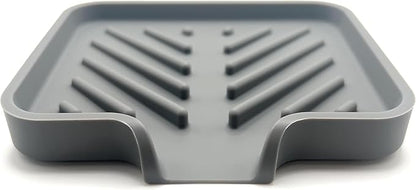 Happitasa Silicone Soap Dish Tray and Sponge Holder with Drain Chute and Feet | 3-Way Sloped Design | Bathroom and Kitchen Sink Organizer Caddy (Grey, 5"x4")