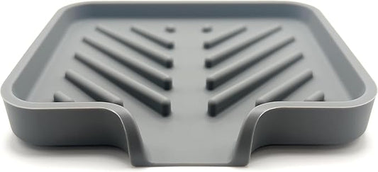 Happitasa Silicone Soap Dish Tray and Sponge Holder with Drain Chute and Feet | 3-Way Sloped Design | Bathroom and Kitchen Sink Organizer Caddy (Grey, 5"x4")