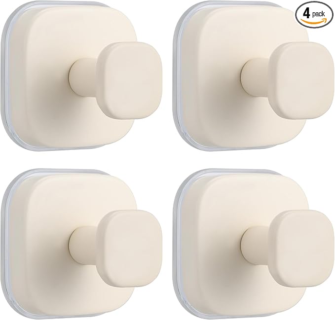 Fenas No-Drill Reusable Suction Cup Hooks, Towel, Robe, Loofah, Coat Hook for Glass, Mirror, Tile, Shower, Bathroom, Kitchen & Metal (Smooth, Non-Porous Surfaces) (4, Milk White)