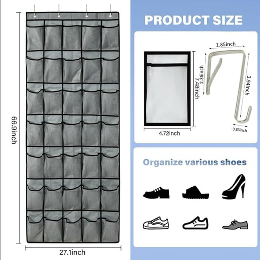 35Large Pockets Over The Door Shoe Organizer, Mesh Pockets Shoe Holder Rack, Capacity hanging shoe organizer，door shoe rack With 4 Metal Hook.