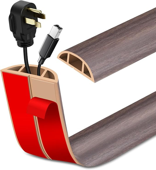 Floor Cord Cover Self Adhesive Cord Hider Floor Extension Cord Covers for Floor Power Cord Protector Cable Management Prevent Cable Trips Cable Cavity 0.47" W x 0.27" H (Brown Walnut Wood, 20Ft)