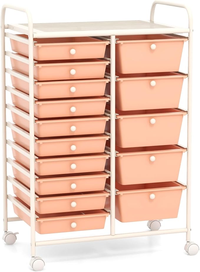 ARLIME 15-Drawer Storage Cart, 15 Drawer Trolley, Rolling Organizer Cart, Scrapbook Paper Organizer, Suitable for Office and School, Rolling Office Storage Tools (Peach)