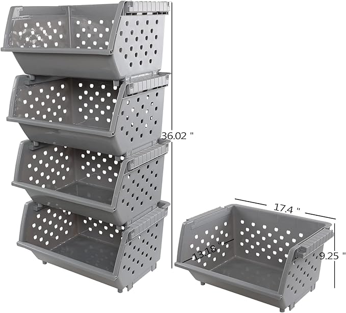 4-Pack Plastic Large Stacking Organizer Basket, Stacking Open Front Storage Bins, Gray